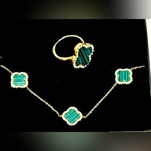 Rachel Zoe 14k gold plated green clover set / bracelet and ring